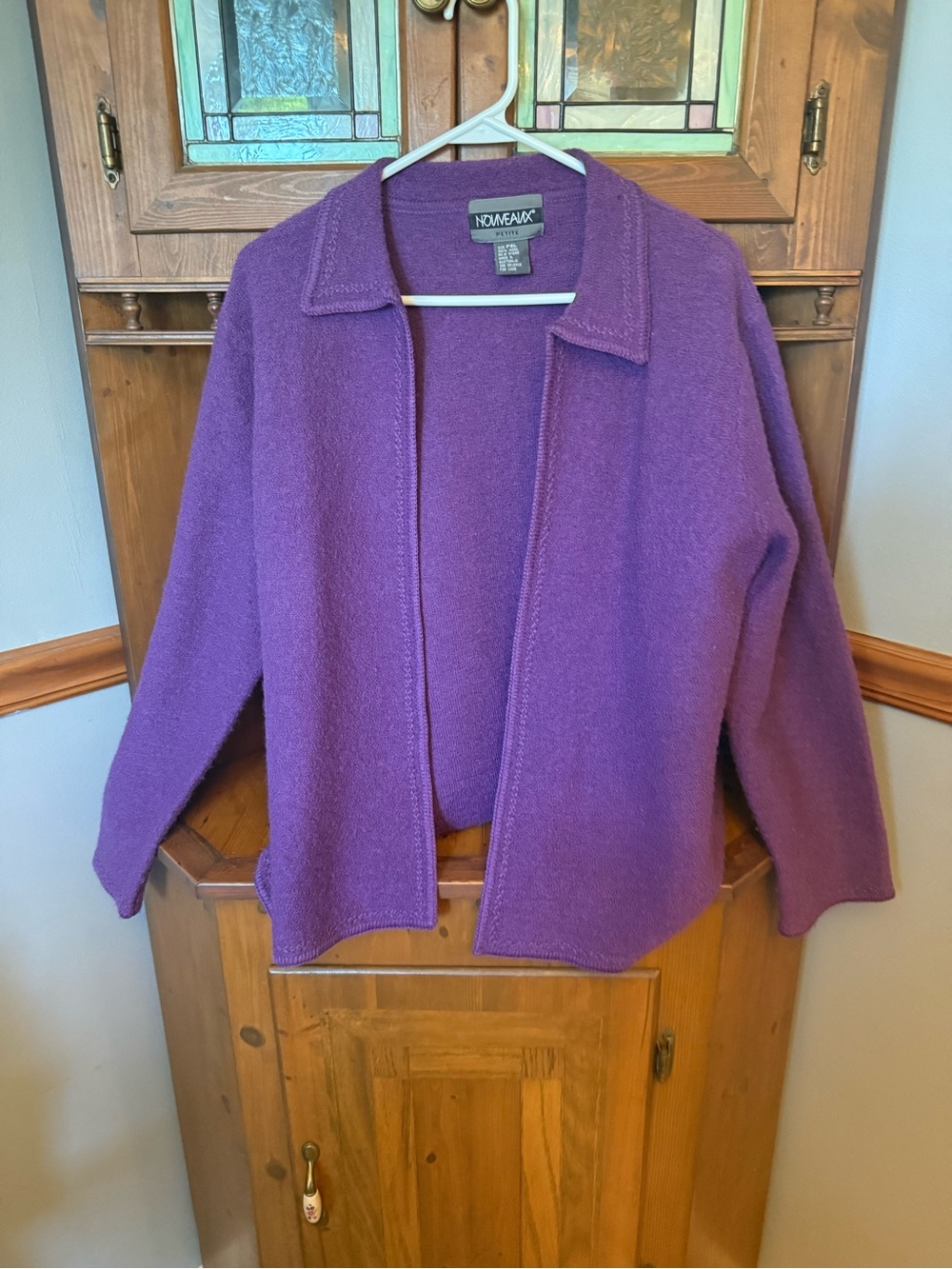 Vintage Nouveaux  Purple 100% Wool Open Front Lagenlook style Cardigan Jacket Si